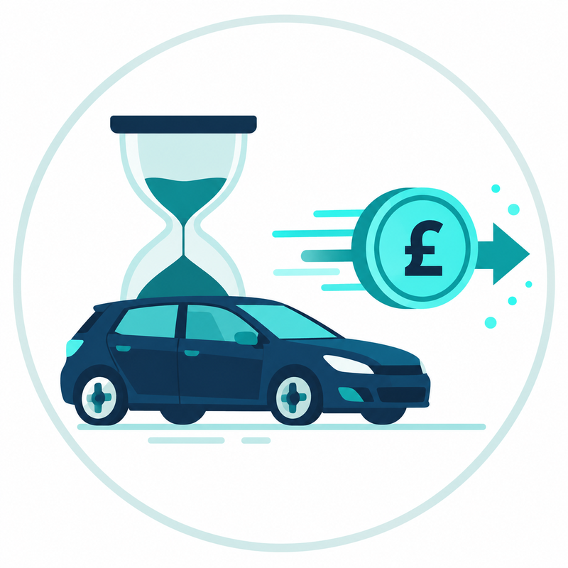 A car waiting beside an hourglass while its tax refund moves on ahead