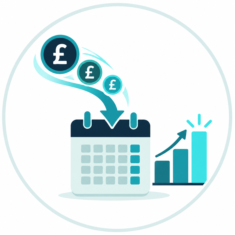 Pound coins flowing into a monthly payment schedule, with the return rising beside it