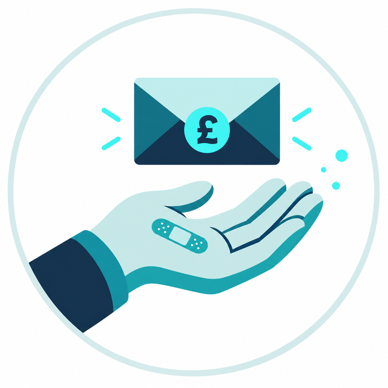 An open hand with a plaster, receiving an envelope with a pound coin